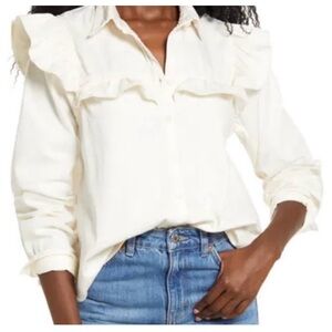 Free People Samantha Ruffle Button Down in Ecru Wash size small